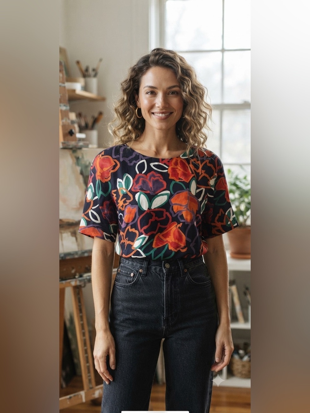 Vintage 80s 90s Prophecy Abstract Floral Blouse Shoulder Pads Button Split Sz 10